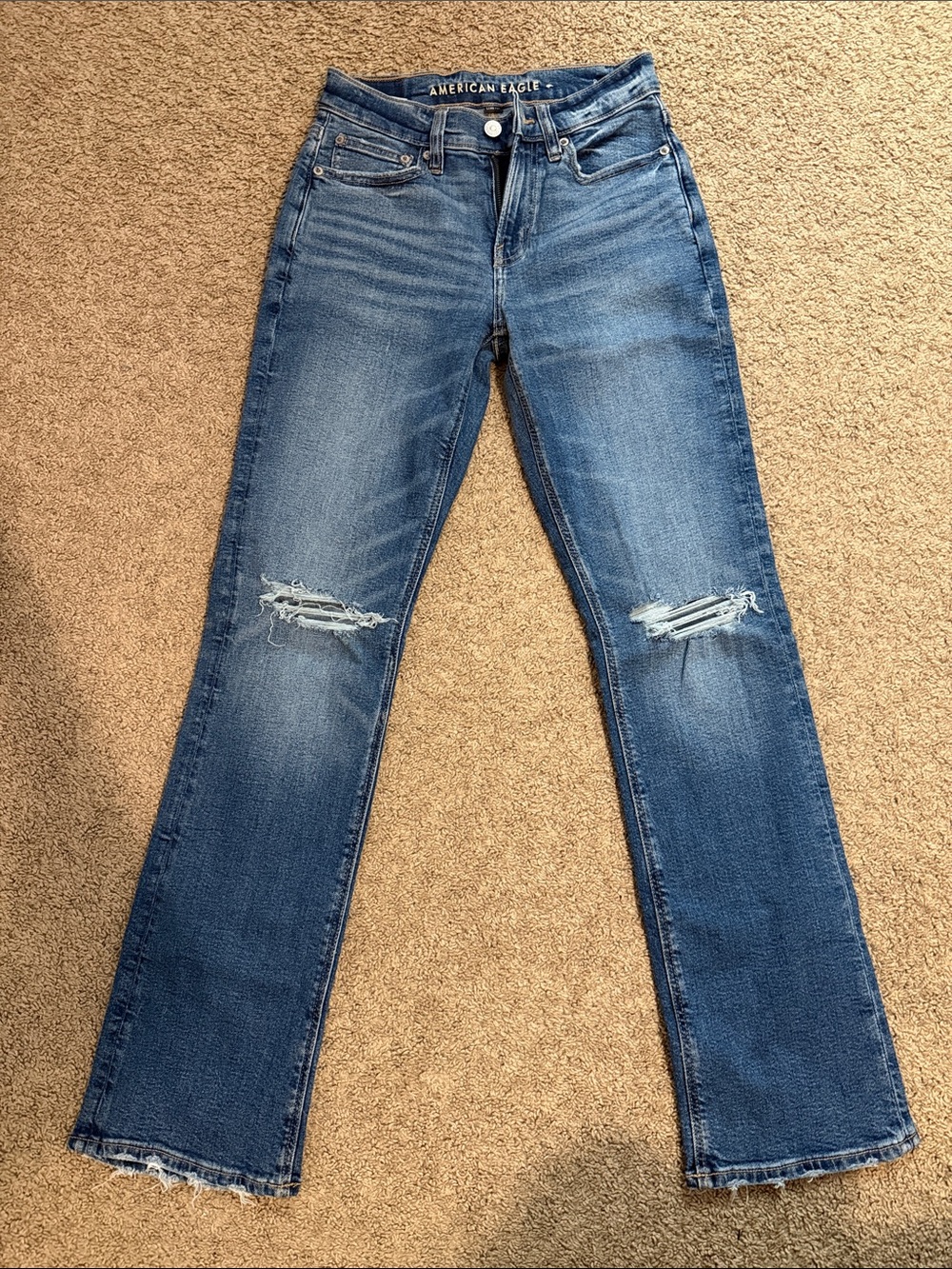 American Eagle Outfitters Blue Flare Jeans with Knee Rips